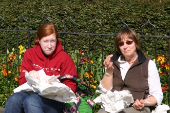 Molly and Penny eating fish and chips in Stratford